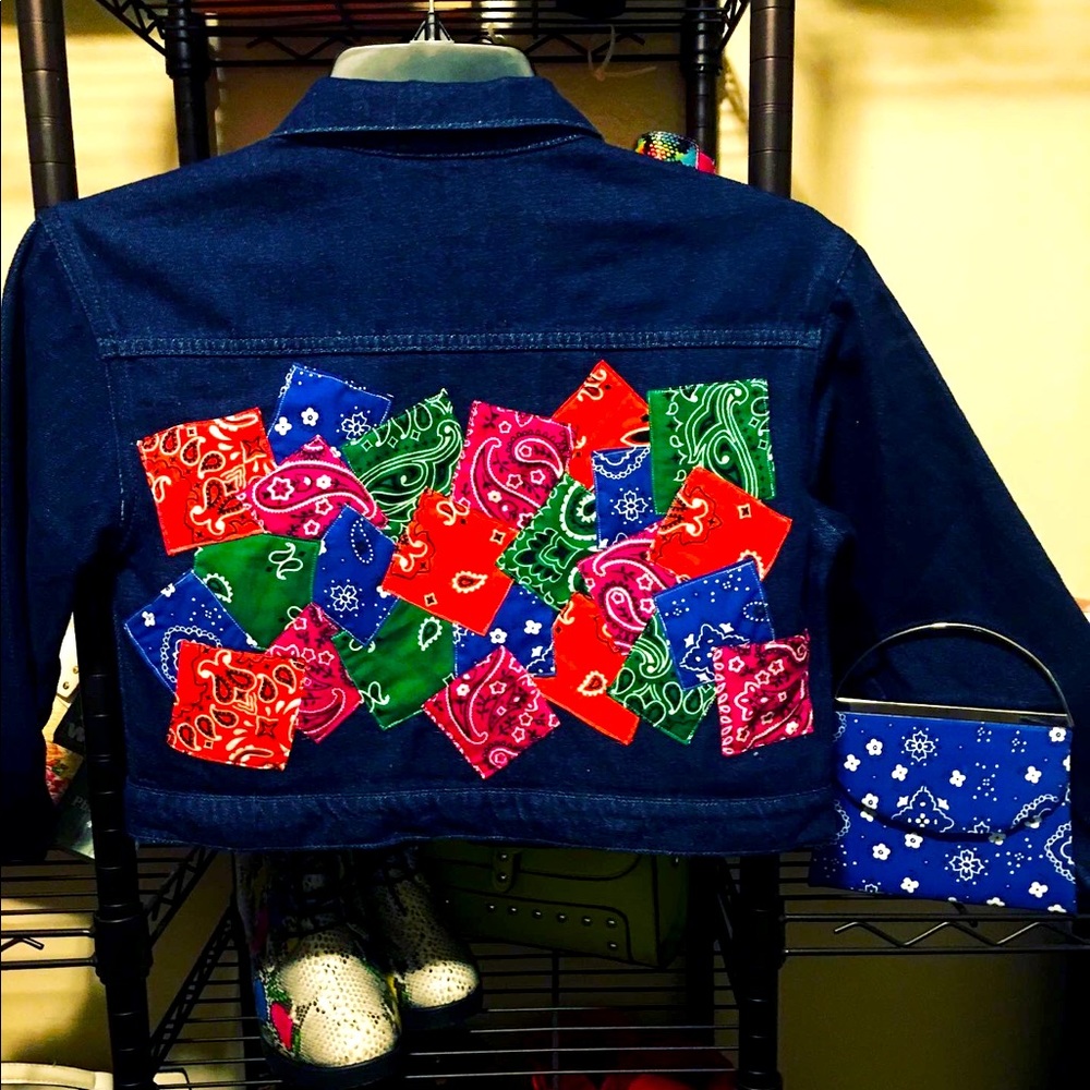 Custom made denim jacket with multicolor bandannas patches.